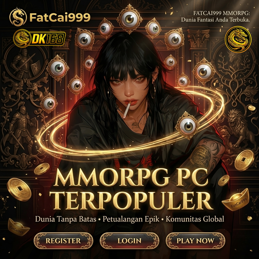 Gamer PC profesional dengan tampilan edgy sedang bersiap masuk ke dalam pertempuran epik di Genre MMORPG PC Terpopuler FatCai999.