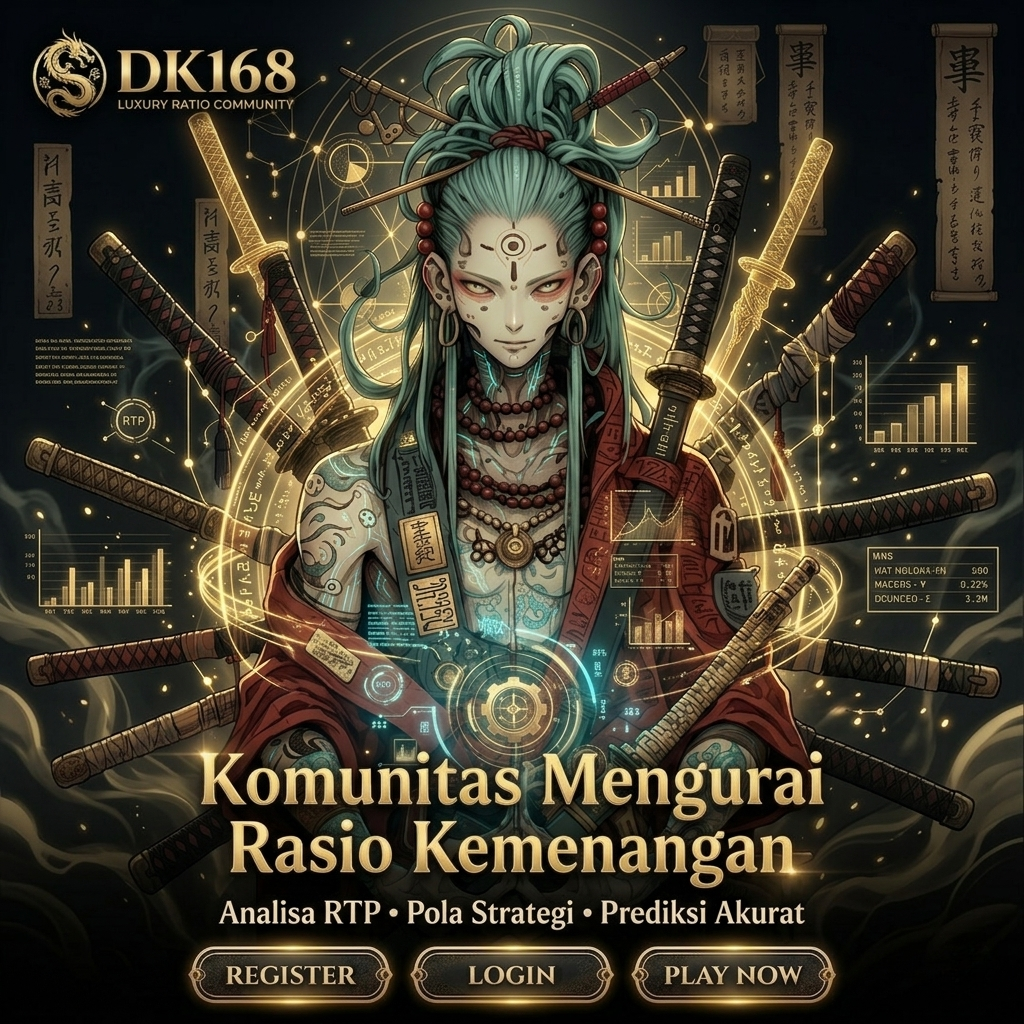 Seorang pejuang mistis sedang melakukan analisis strategi kemenangan dan data rasio kemenangan tim dalam komunitas game kompetitif.