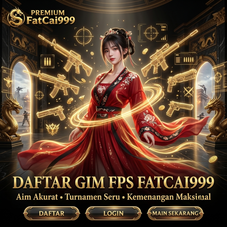 Wanita cantik dengan hanfu merah mempromosikan Daftar Gim FPS FatCai999 server stabil Asia.