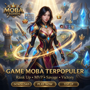 Hero wanita dengan armor fantasi futuristik di medan perang MOBA 2026.