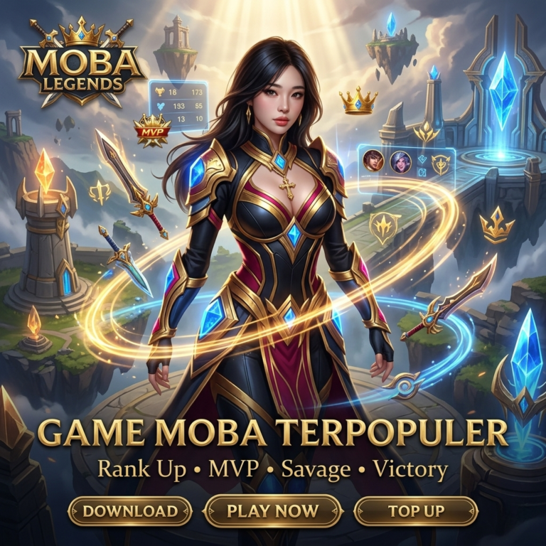 Hero wanita dengan armor fantasi futuristik di medan perang MOBA 2026.
